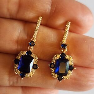 New 18K Gold Plated Emerald Cut Blue Sapphire Diamond Dangle Drop Stud Earrings